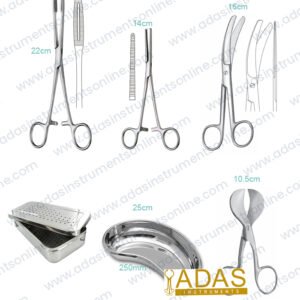 Delivery instrument set, 5 pieces, with Busch umbilical scissors, umbilical cord scissors, Ochsner-Kocher artery forceps, Gross-Maier dressing forceps and kidney bowl