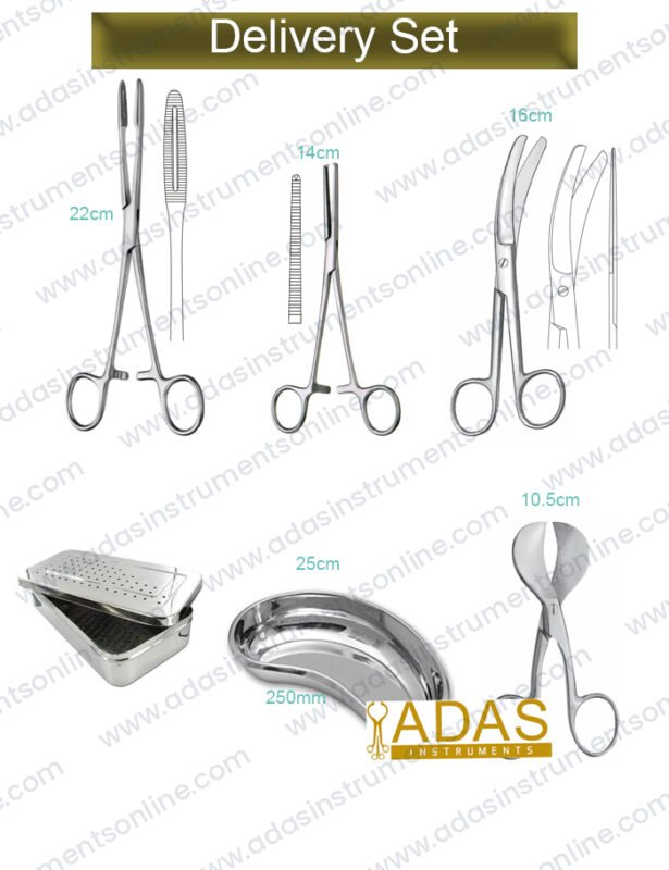 Delivery instrument set, 5 pieces, with Busch umbilical scissors, umbilical cord scissors, Ochsner-Kocher artery forceps, Gross-Maier dressing forceps and kidney bowl