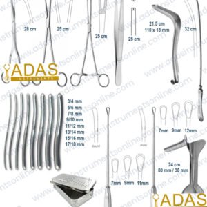 Dilatation and curettage instrument set, 23 pieces, with eight Hegar dilators, Sims and Recamier curettes, Sims uterine sound and Auvard speculum in a stainless steel box