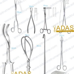Embryotomy instrument set, 8 pieces, with Smellie and Naegele perforators, Braun cranioclast, Braun hook, Willet-Martel forceps and Winter ovum forceps