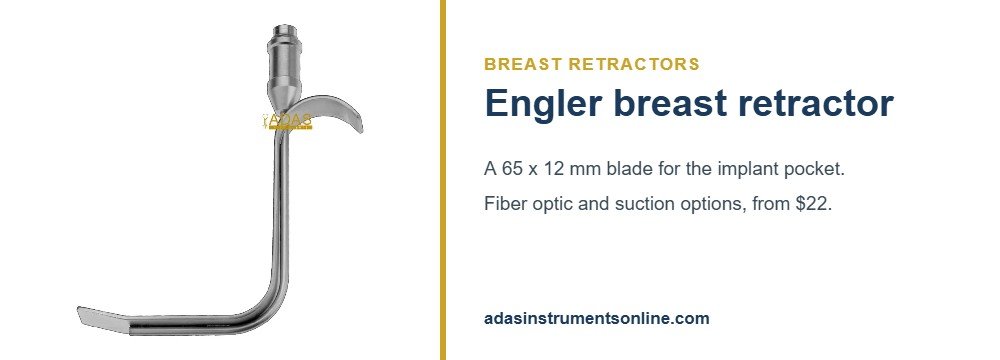 Card showing an Engler breast retractor with an angled blade and light post
