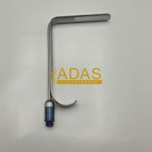 Facelift retractor with fiberoptic light carrier: smooth L shaped blade, curved handle and blue threaded light cable connector