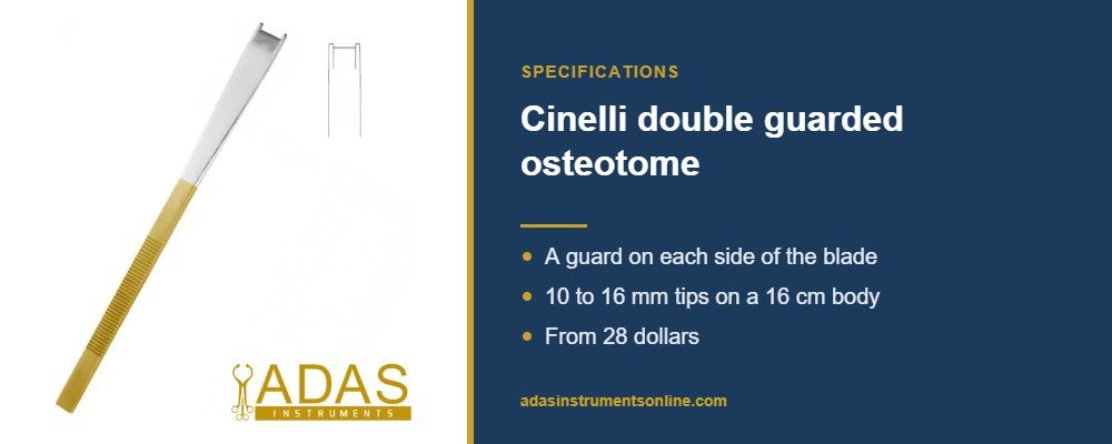 Card showing the Cinelli double guarded osteotome with its widths and length