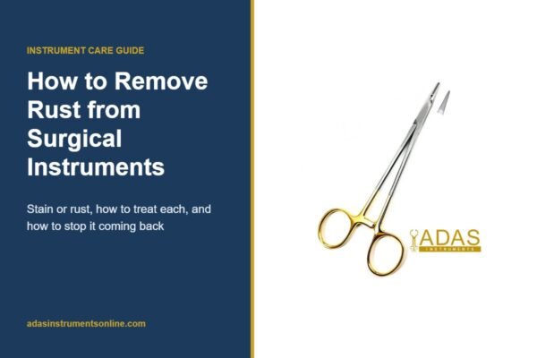 Card for the guide to removing rust from surgical instruments, with a needle holder photograph