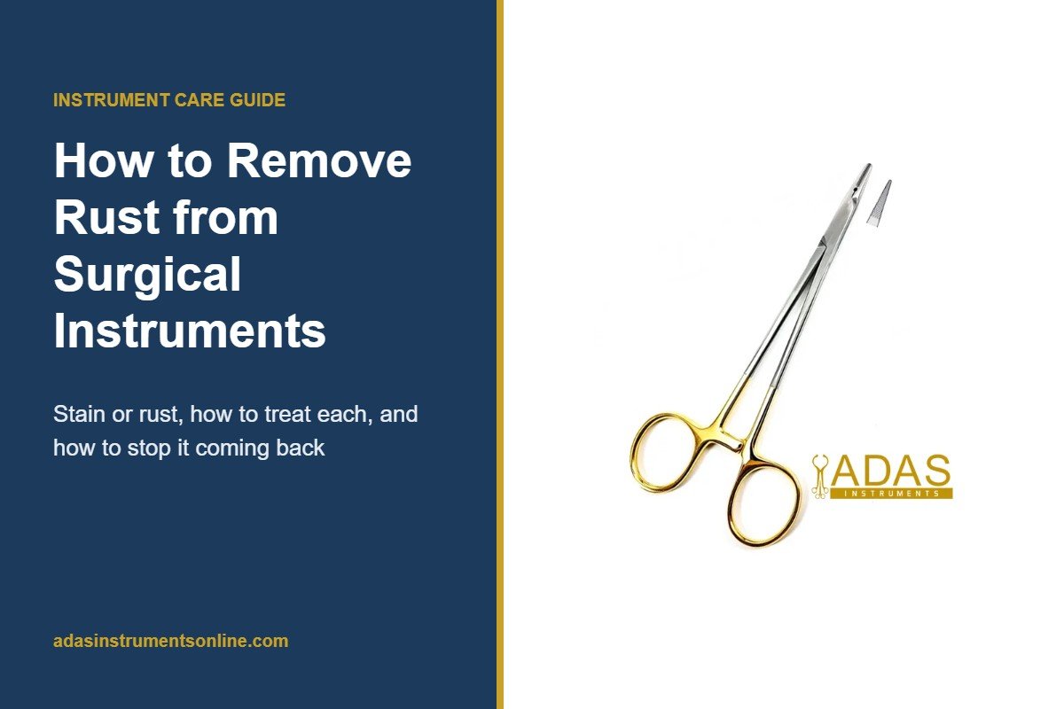Card for the guide to removing rust from surgical instruments, with a needle holder photograph