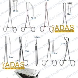 Hymenectomy instrument set, 19 pieces, with Allis, Rochester-Pean and Halsted-Mosquito forceps, Metzenbaum-Nelson scissors and Backhaus towel forceps