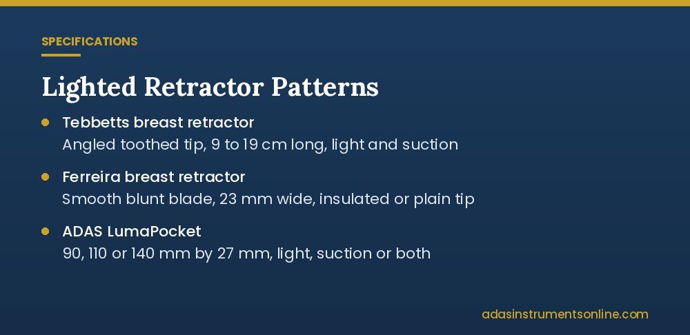 Card listing three lighted retractor patterns with blade sizes and built in extras