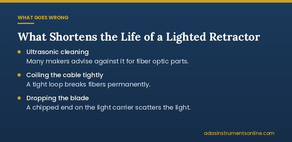 Card listing three habits that shorten the life of a lighted retractor