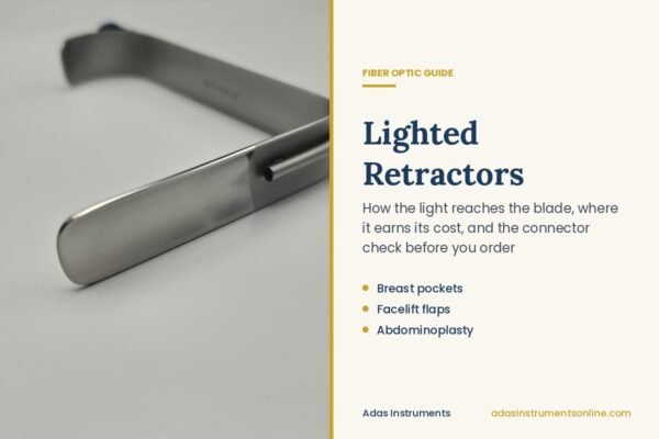 Card with a photograph of a fiber optic light carrier on a facelift retractor blade, titled Lighted Retractors
