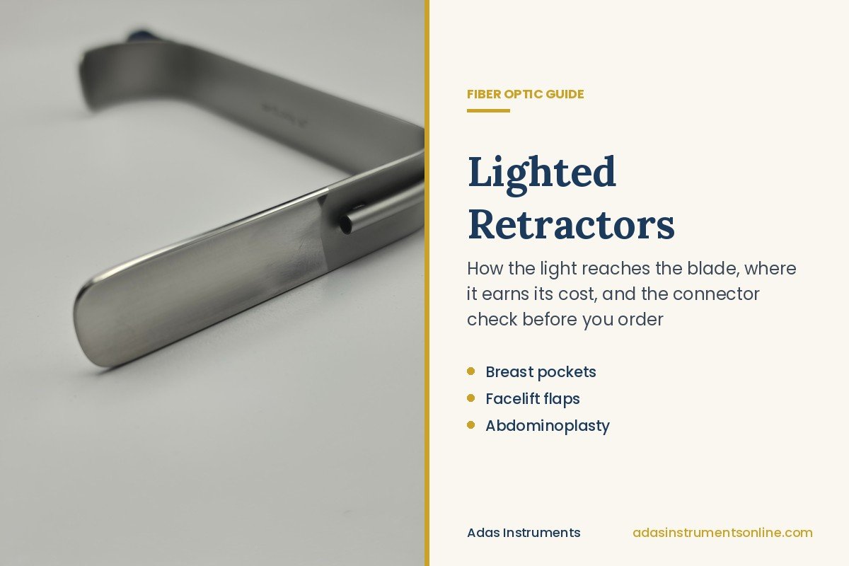 Card with a photograph of a fiber optic light carrier on a facelift retractor blade, titled Lighted Retractors