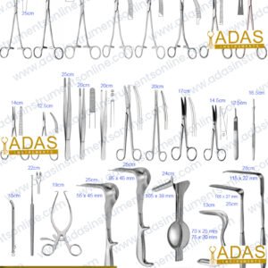 Major vaginal repair instrument set, 63 pieces, with Heaney and Mikulicz clamps, Sims, Doyen and Auvard specula, Simon fistula hooks and Martin retractors