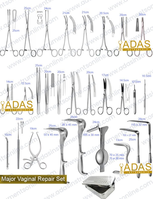 Major vaginal repair instrument set, 63 pieces, with Heaney and Mikulicz clamps, Sims, Doyen and Auvard specula, Simon fistula hooks and Martin retractors