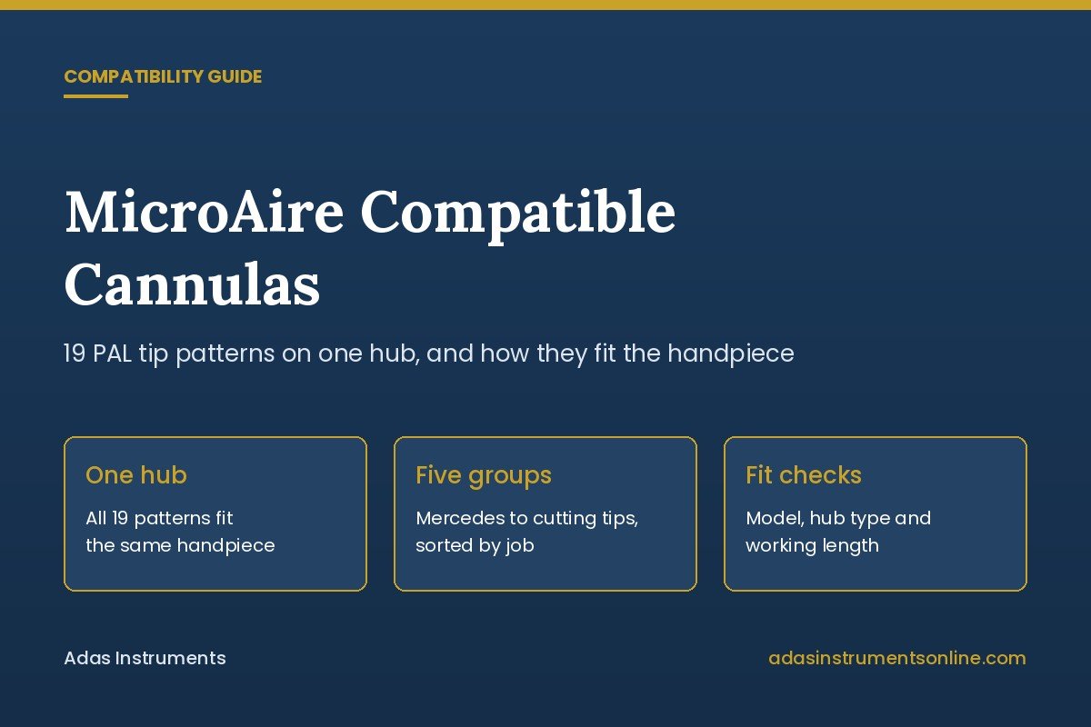 MicroAire compatible cannulas: 19 PAL tip patterns on one hub, grouped by job, with fit checks