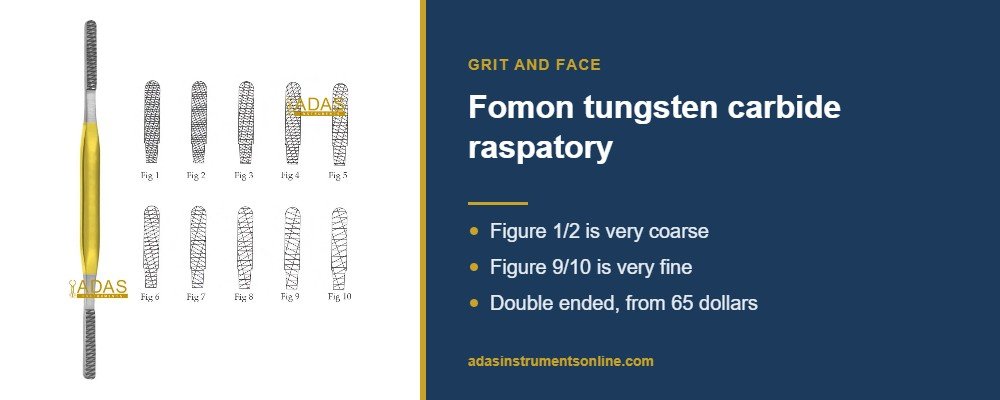 Card showing the Fomon tungsten carbide nasal rasp and its grit figures from 1 to 10