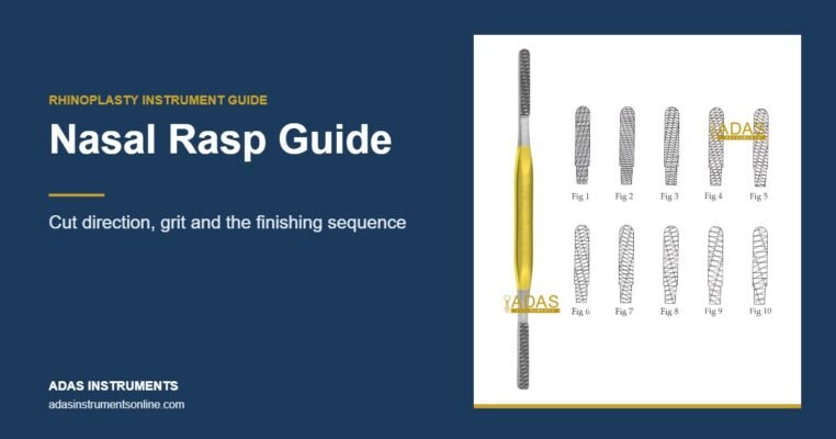 Fomon tungsten carbide nasal rasp photograph with its grit figures on a nasal rasp guide card
