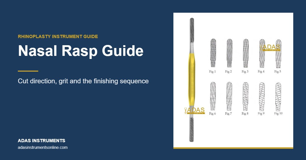 Fomon tungsten carbide nasal rasp photograph with its grit figures on a nasal rasp guide card