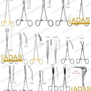 Pelvic instrument set for gynecologic surgery, 70 pieces, with Heaney-Kanter forceps, Ochsner-Kocher and Rochester-Pean forceps and Masson needle holders