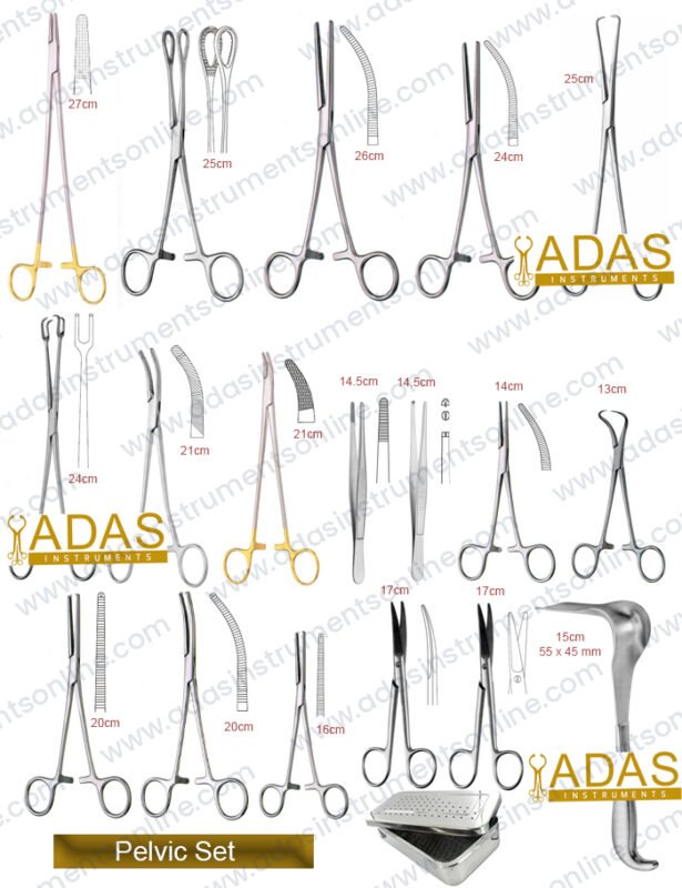 Pelvic instrument set for gynecologic surgery, 70 pieces, with Heaney-Kanter forceps, Ochsner-Kocher and Rochester-Pean forceps and Masson needle holders
