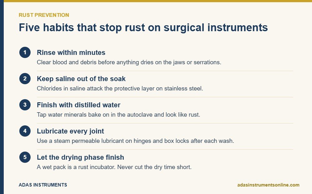 Card listing five habits that prevent rust on surgical instruments