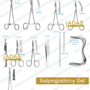 Salpingostomy instrument set, 25 pieces, with iris scissors, Adson forceps, Halsted-Mosquito forceps, Sims specula and Crile-Wood needle holders