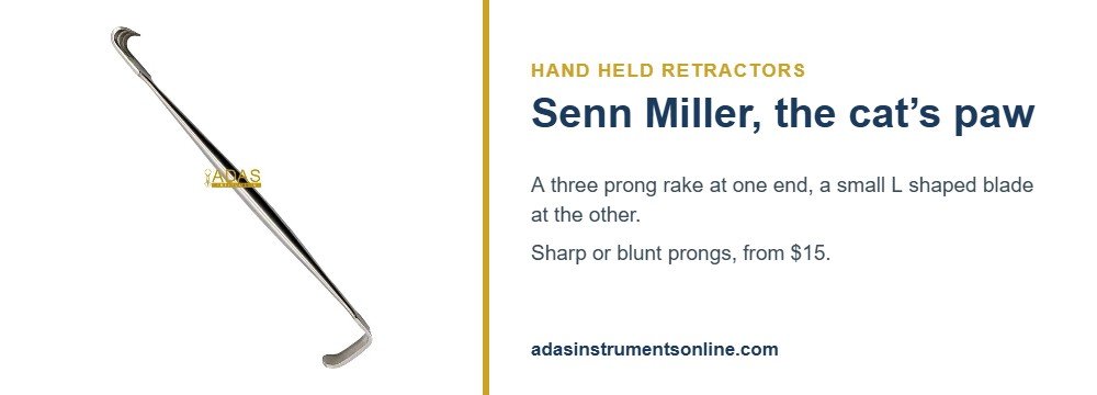 Card showing a Senn Miller retractor, one of the types of surgical retractors held by hand