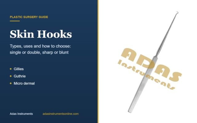 Card with a photograph of a Gillies single prong skin hook, titled Skin Hooks