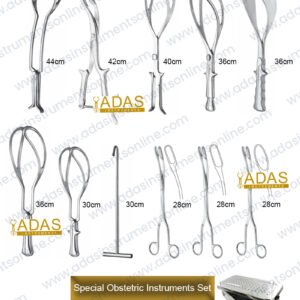 Special obstetric instruments set, 11 pieces, with Simpson, Piper, Naegele, Kielland-Luikart and McLean obstetrical forceps, Winter ovum forceps, Braun hook and cranioclast