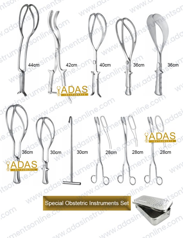 Special obstetric instruments set, 11 pieces, with Simpson, Piper, Naegele, Kielland-Luikart and McLean obstetrical forceps, Winter ovum forceps, Braun hook and cranioclast