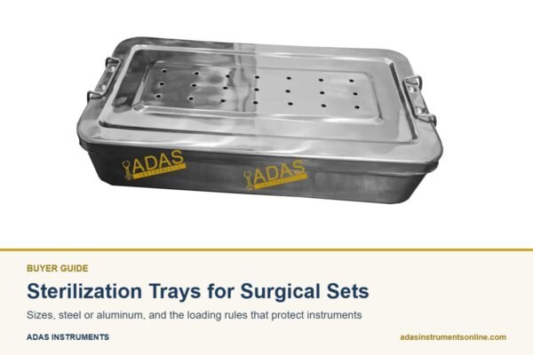 Card for the sterilization tray guide with a photograph of a perforated stainless steel sterilization box