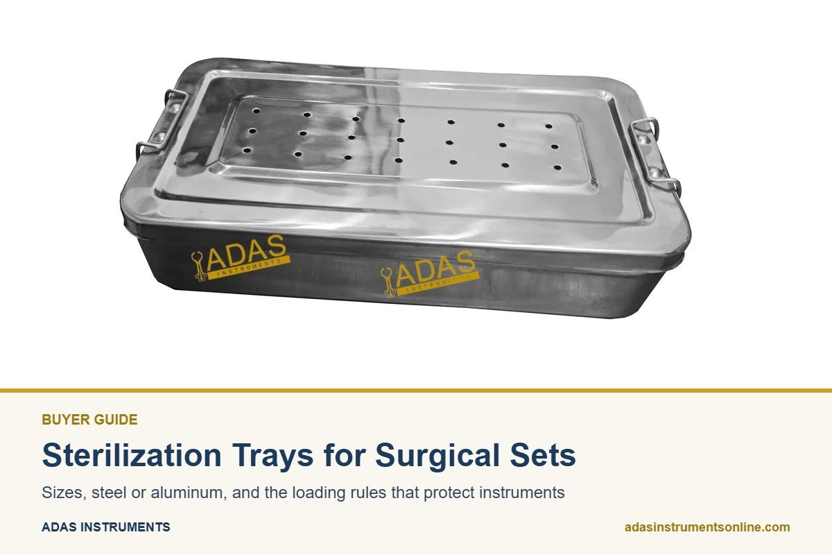 Card for the sterilization tray guide with a photograph of a perforated stainless steel sterilization box