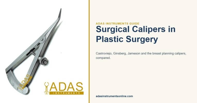 Card showing a Castroviejo caliper with the title Surgical Calipers in Plastic Surgery
