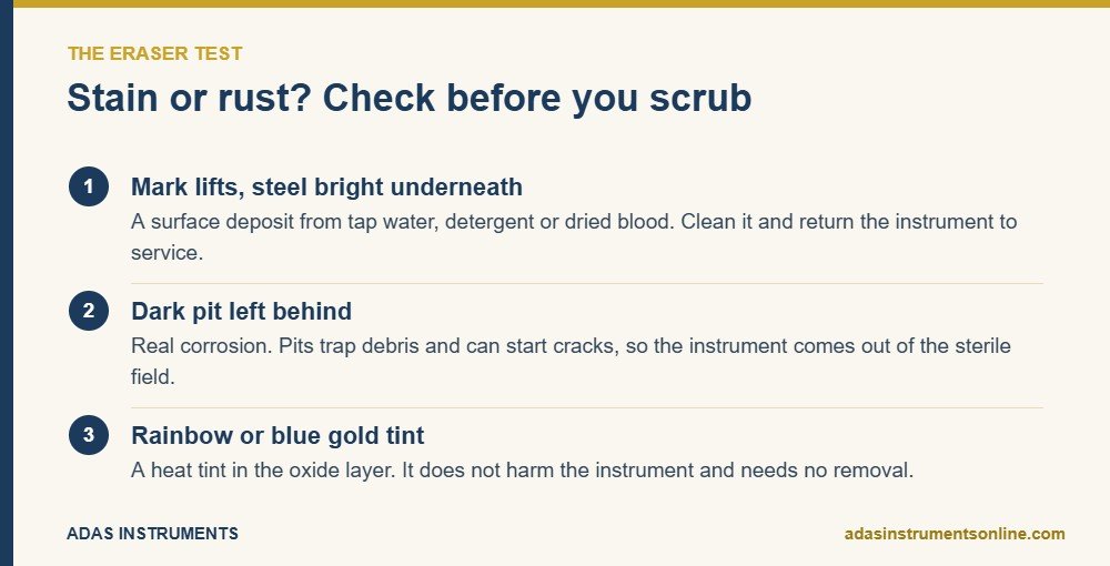 Card explaining the eraser test for telling a stain from rust on surgical instruments