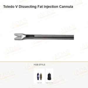 Toledo V dissecting fat injection cannula with a V shaped tip, shown with Luer lock and super Luer lock hubs