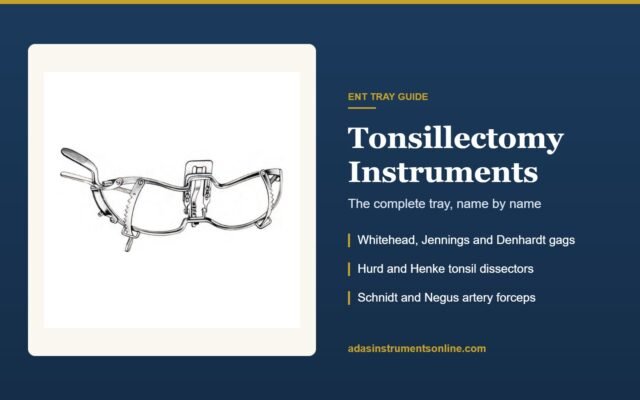 Tonsillectomy instruments guide cover with a Whitehead mouth gag photograph