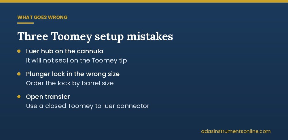 Card listing three common Toomey syringe setup mistakes