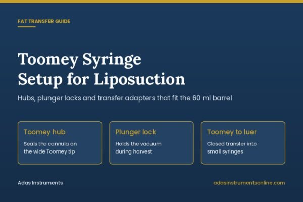 Toomey syringe setup for liposuction: Toomey hub, plunger lock and Toomey to luer transfer