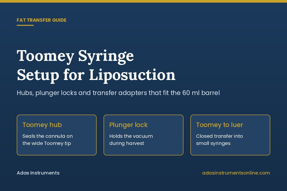 Toomey syringe setup for liposuction: Toomey hub, plunger lock and Toomey to luer transfer