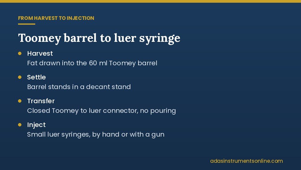 Card showing fat moving from a Toomey syringe barrel to luer syringes