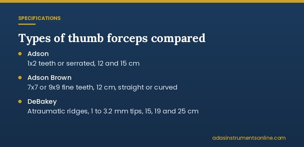 Card listing types of thumb forceps: Adson, Adson Brown and DeBakey sizes
