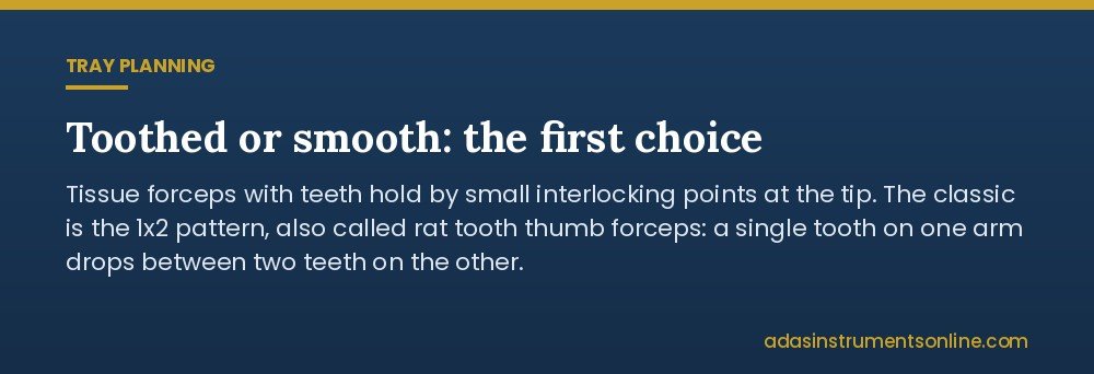 Card explaining toothed and smooth thumb forceps, with rat tooth 1x2 tips