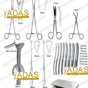 Uterine evacuation instrument set, 16 pieces, with a Hegar set of 8 dilators, two blunt Sims curettes, three Schroeder tenaculum forceps and Auvard speculum