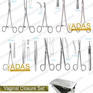 Vaginal closure instrument set, 24 pieces, with eight Halsted-Mosquito forceps, Mayo-Hegar needle holders, Allis forceps and Metzenbaum scissors
