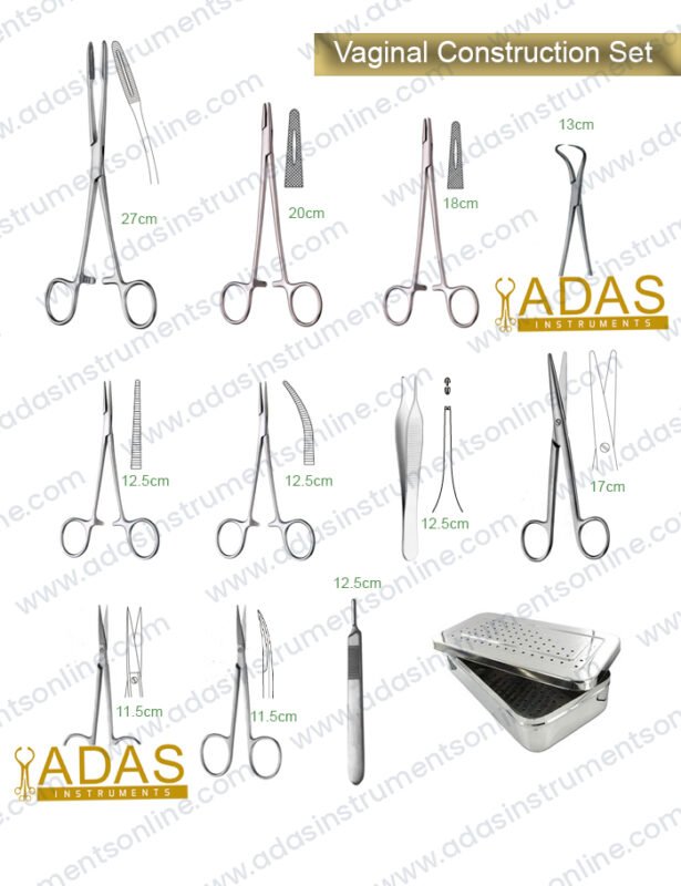 Vaginal construction instrument set for skin graft vaginoplasty, 26 pieces, with iris scissors, Adson forceps, Mosquito forceps and Gross-Maier forceps