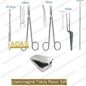 Vesicovaginal fistula repair instrument set, 5 pieces, with Kelly fistula scissors, bayonet micro forceps, probe with eye and scalpel handle