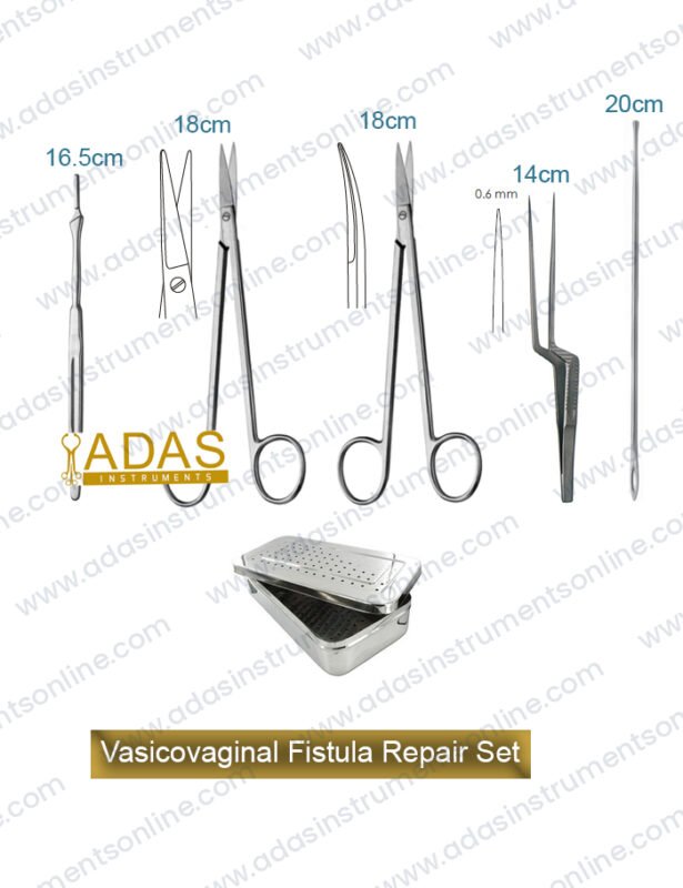 Vesicovaginal fistula repair instrument set, 5 pieces, with Kelly fistula scissors, bayonet micro forceps, probe with eye and scalpel handle