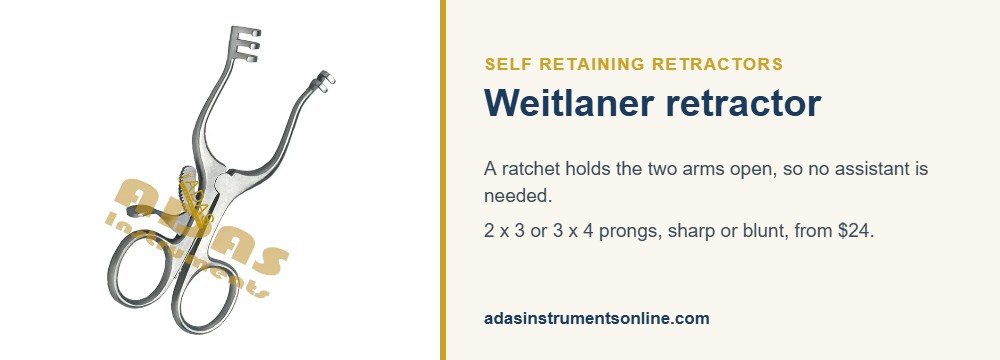 Card showing a Weitlaner self retaining retractor with ratchet and prongs