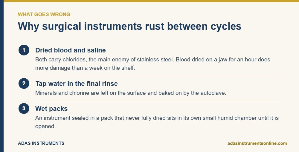 Card listing three common causes of rust on surgical instruments